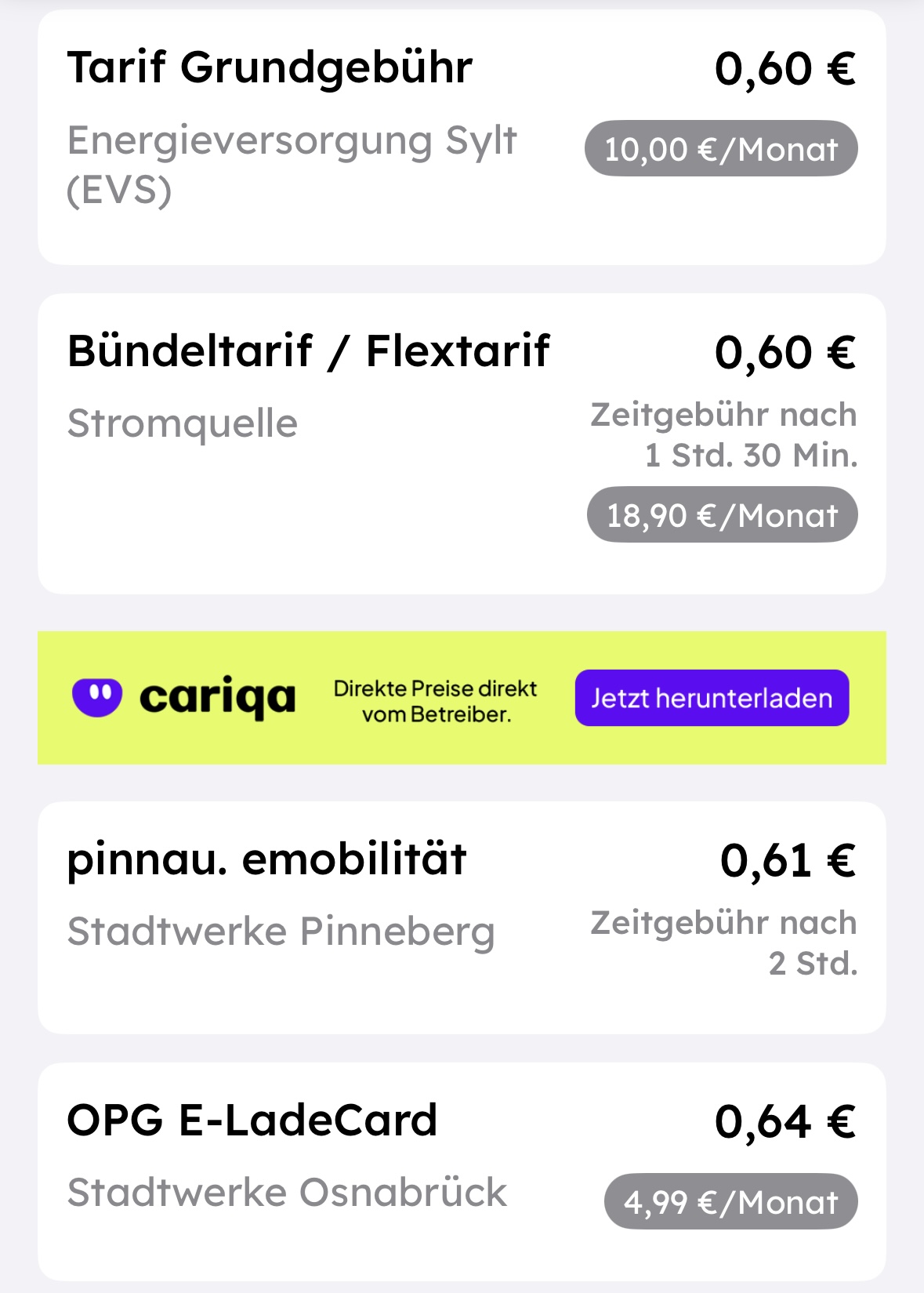 Liste der Lade-Angebote und Abonnements in der Chargeprice-App