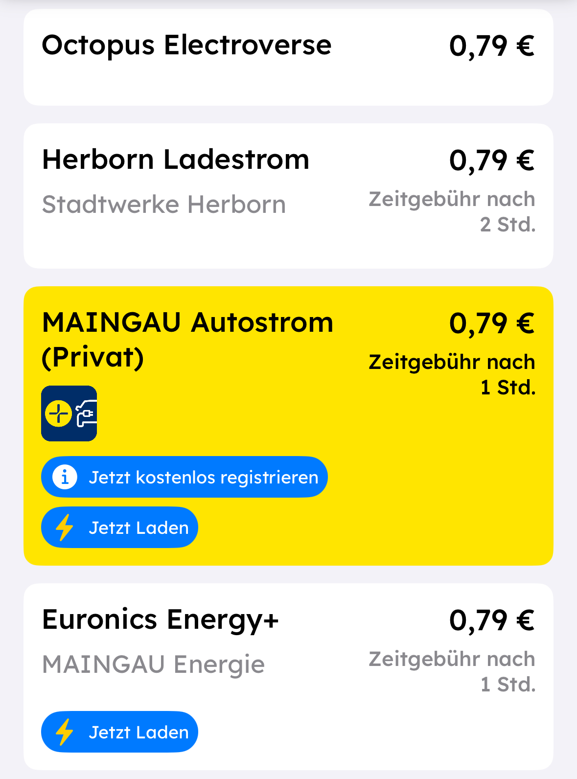 Liste der Ladepreise nach Anbieter in der Chargeprice-App