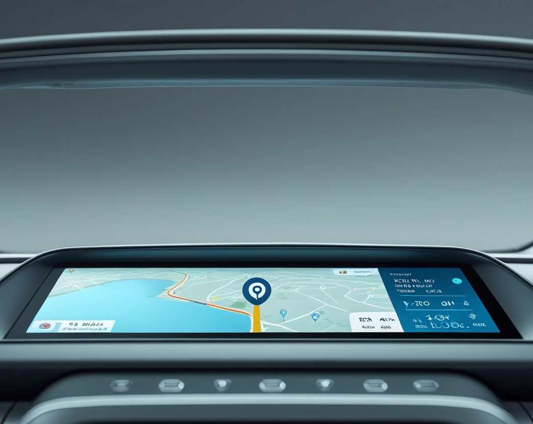 Navigationsbildschirm eines Elektrofahrzeugs mit Ladepreisen in der Naehe