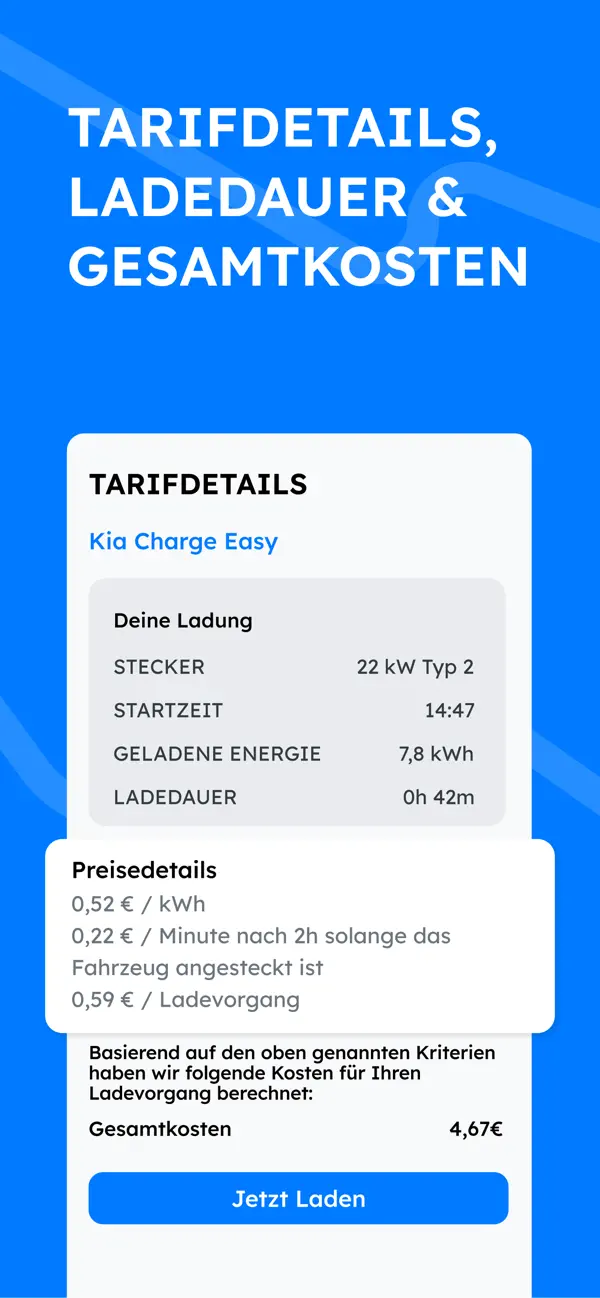 Screenshot der Chargeprice-App mit Preisdetails einer Ladestation
