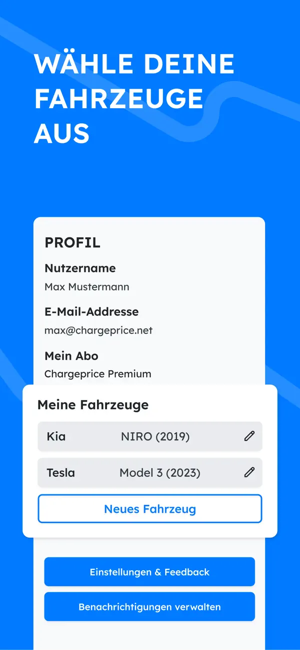 Screenshot der Chargeprice-App mit Favoriten und Verlauf