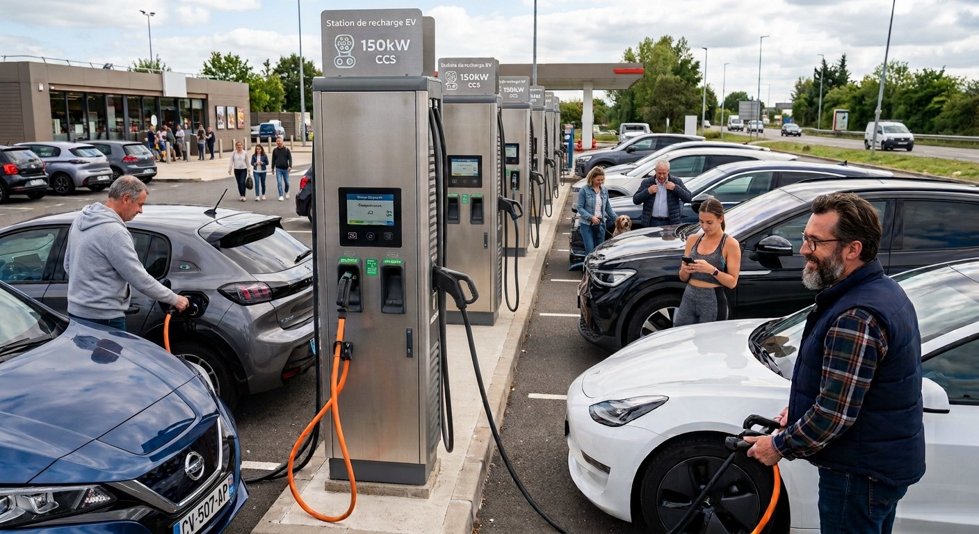 Gruppe von Fahrern beim Laden ihrer Elektrofahrzeuge
