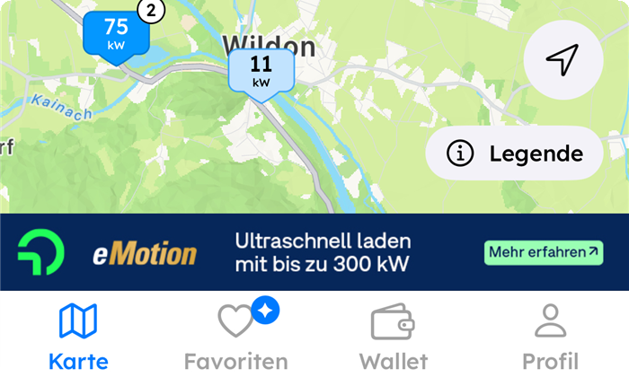 Karte mit Ladestationen und angezeigten Preisen