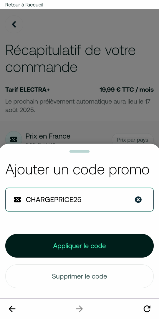 Ajoutez le code promo CHARGEPRICE25